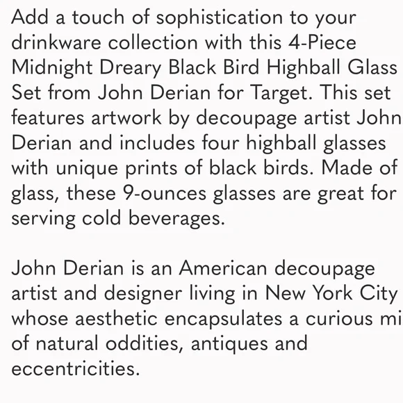 JOHN DERIAN NWT 4pc midnight dreary blackbird highball glass set - Picture 5 of 6